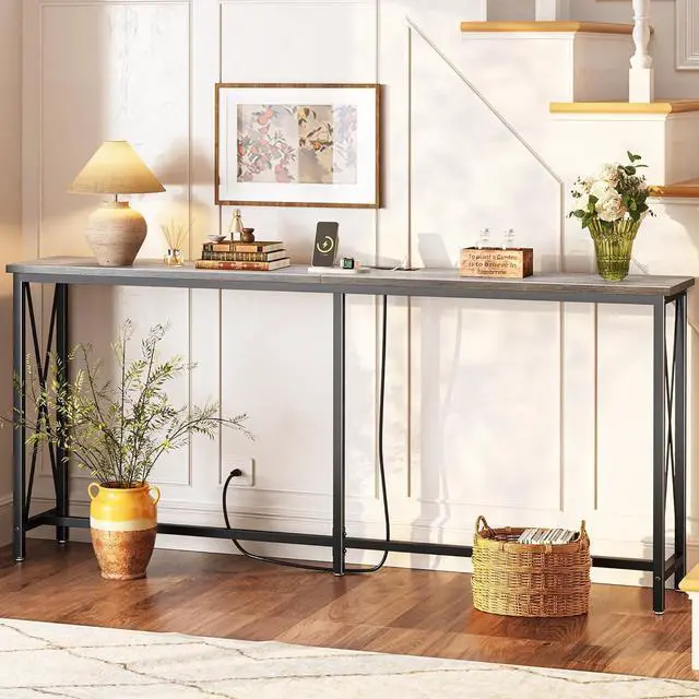 Alt view image 4 of 7 - SUPERJARE 70 Inch Console Table with Outlets and USB-C Port, Extra Long Behind Couch Sofa Table with X-Shaped Design, Narrow for Entryway, Living Room, Metal Frame, Wooden Top, Grey