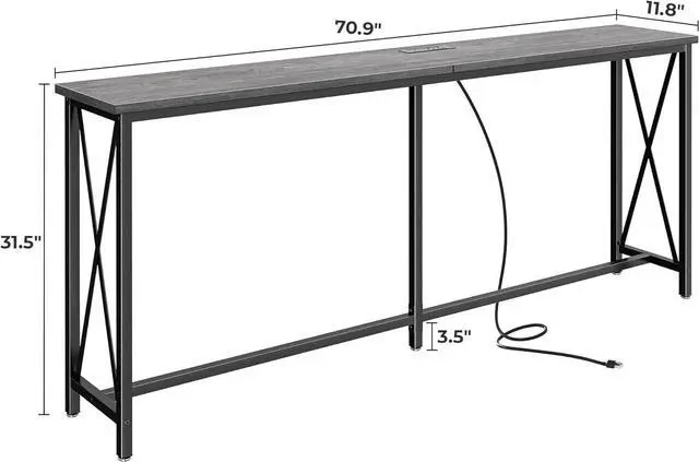 Alt view image 3 of 7 - SUPERJARE 70 Inch Console Table with Outlets and USB-C Port, Extra Long Behind Couch Sofa Table with X-Shaped Design, Narrow for Entryway, Living Room, Metal Frame, Wooden Top, Grey