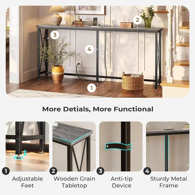 Alt view image 7 of 7 - SUPERJARE 70 Inch Console Table with Outlets and USB-C Port, Extra Long Behind Couch Sofa Table with X-Shaped Design, Narrow for Entryway, Living Room, Metal Frame, Wooden Top, Grey