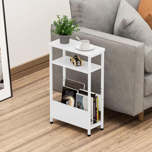 Alt view image 2 of 7 - 7.1" Narrow Side Table for Small Spaces, 3 Tier Small End Table with Magazine Holder, Slim/Skinny Nightstand/Bedside Table for Living Room, Bedroom, 15.4" L x 24.2" H, White
