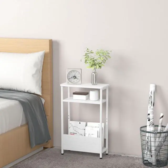 Alt view image 4 of 7 - 7.1" Narrow Side Table for Small Spaces, 3 Tier Small End Table with Magazine Holder, Slim/Skinny Nightstand/Bedside Table for Living Room, Bedroom, 15.4" L x 24.2" H, White