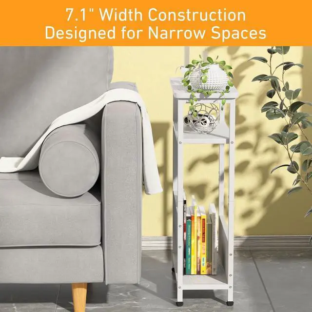 Alt view image 5 of 7 - 7.1" Narrow Side Table for Small Spaces, 3 Tier Small End Table with Magazine Holder, Slim/Skinny Nightstand/Bedside Table for Living Room, Bedroom, 15.4" L x 24.2" H, White