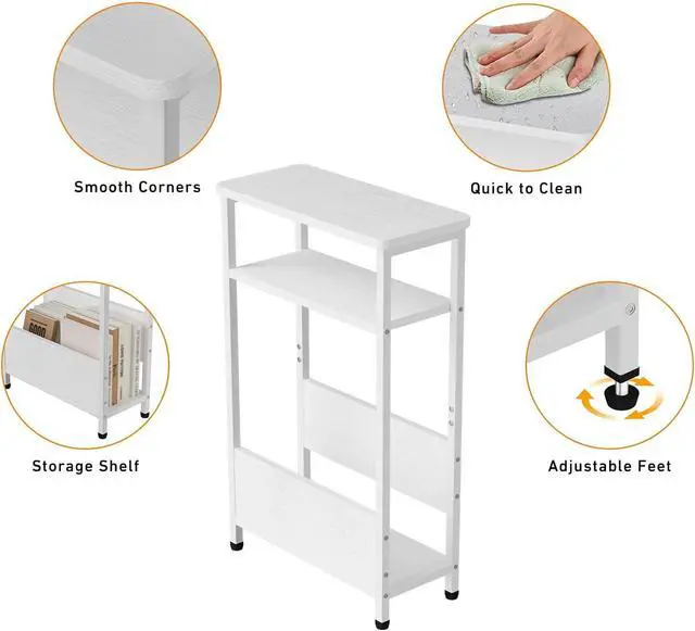 Alt view image 6 of 7 - 7.1" Narrow Side Table for Small Spaces, 3 Tier Small End Table with Magazine Holder, Slim/Skinny Nightstand/Bedside Table for Living Room, Bedroom, 15.4" L x 24.2" H, White