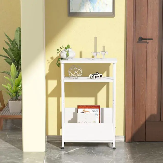 Alt view image 7 of 7 - 7.1" Narrow Side Table for Small Spaces, 3 Tier Small End Table with Magazine Holder, Slim/Skinny Nightstand/Bedside Table for Living Room, Bedroom, 15.4" L x 24.2" H, White