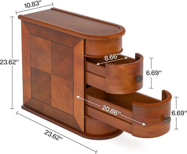 Alt view image 2 of 7 - Tribesigns Wood End Table Set of 2, Narrow Solid Side Table 2-Drawer Slim Chair Side Table, No Assembly Required, Finished Back, Walnut