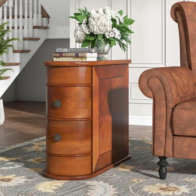 Alt view image 3 of 7 - Tribesigns Wood End Table Set of 2, Narrow Solid Side Table 2-Drawer Slim Chair Side Table, No Assembly Required, Finished Back, Walnut