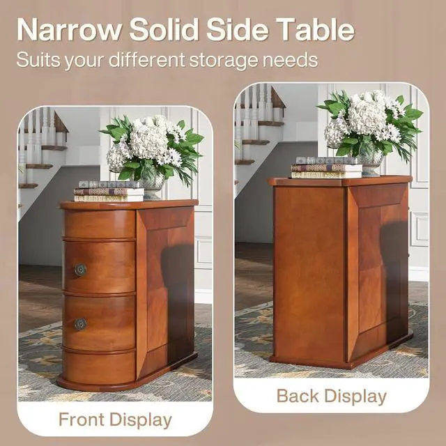 Alt view image 4 of 7 - Tribesigns Wood End Table Set of 2, Narrow Solid Side Table 2-Drawer Slim Chair Side Table, No Assembly Required, Finished Back, Walnut