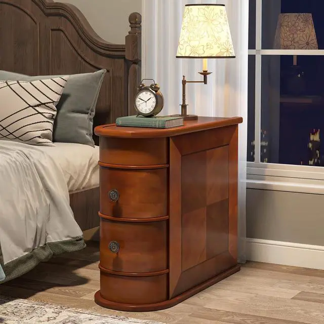 Alt view image 7 of 7 - Tribesigns Wood End Table Set of 2, Narrow Solid Side Table 2-Drawer Slim Chair Side Table, No Assembly Required, Finished Back, Walnut