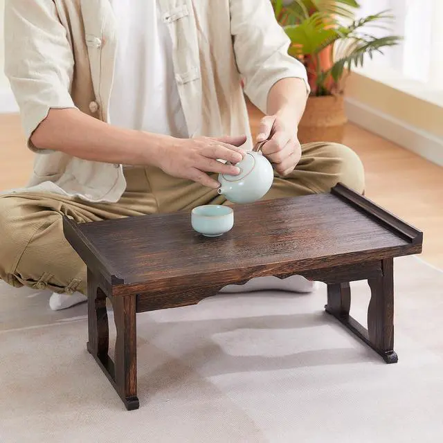 Alt view image 4 of 7 - Japanese Floor Table,Small Coffee Table & Tea Table, Altar Table for Meditation,Low Table for Sitting on The Floor,Wood Bed Table Trays with Foldable Legs,Bed Laptop Desk