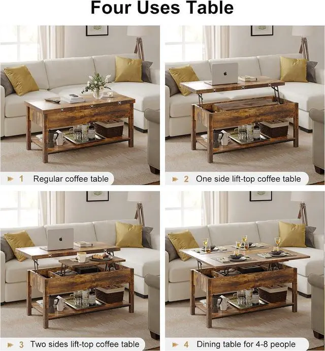 Alt view image 7 of 7 - FABATO Lift Top Coffee Table, 4-in-1 Multi-Function Convertible Coffee Table with Storage, Coffee Table Converts to Dining Table for Living Room Reception Room Office, Rustic Brown, 41.73*19.29*18.3