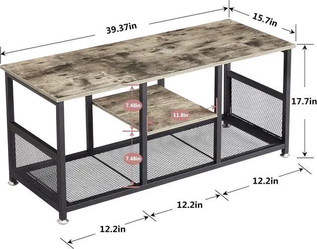 Alt view image 3 of 7 - VECELO 39 Coffee Table with Storage Shelf for Living Room Industrial Wood and Metal Frame Easy Assembly Grey