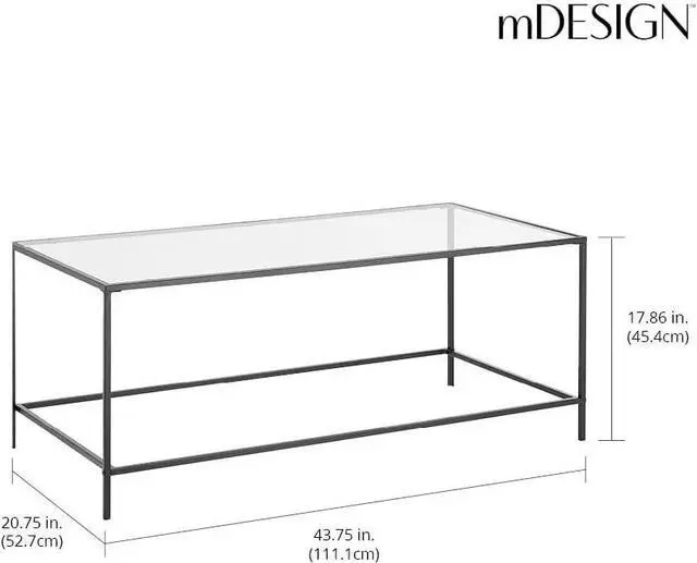 Alt view image 3 of 6 - mDesign Glass Top Coffee Table - Large Minimalistic Rectangular Geometric Metal Accent Furniture Unit for Living Room, Basement, Home Office, Garage, and Bedroom - Black
