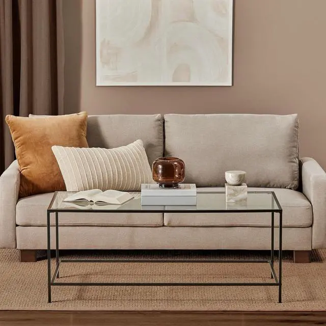 Alt view image 2 of 6 - mDesign Glass Top Coffee Table - Large Minimalistic Rectangular Geometric Metal Accent Furniture Unit for Living Room, Basement, Home Office, Garage, and Bedroom - Black