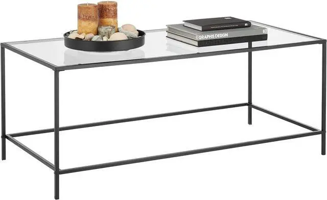Alt view image 4 of 6 - mDesign Glass Top Coffee Table - Large Minimalistic Rectangular Geometric Metal Accent Furniture Unit for Living Room, Basement, Home Office, Garage, and Bedroom - Black