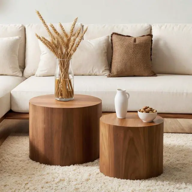 Main image of Nesting Coffee Table Set of 2, Modern Round Coffee Table with Non-Slip Feet, Walnut Wooden Circle Accent Tables for Small Spaces Living Room Bedroom Balcony Office Drum Side Table (Walnut)