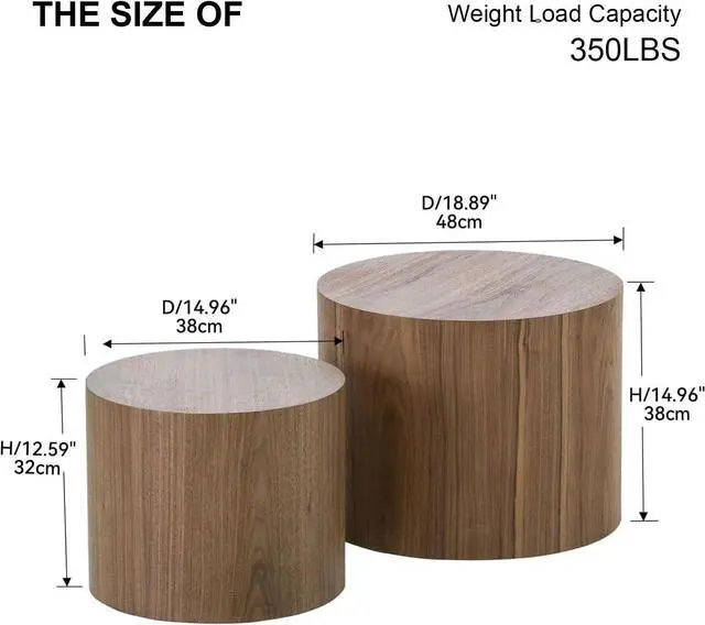 Alt view image 2 of 7 - Nesting Coffee Table Set of 2, Modern Round Coffee Table with Non-Slip Feet, Walnut Wooden Circle Accent Tables for Small Spaces Living Room Bedroom Balcony Office Drum Side Table (Walnut)