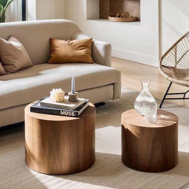 Alt view image 5 of 7 - Nesting Coffee Table Set of 2, Modern Round Coffee Table with Non-Slip Feet, Walnut Wooden Circle Accent Tables for Small Spaces Living Room Bedroom Balcony Office Drum Side Table (Walnut)