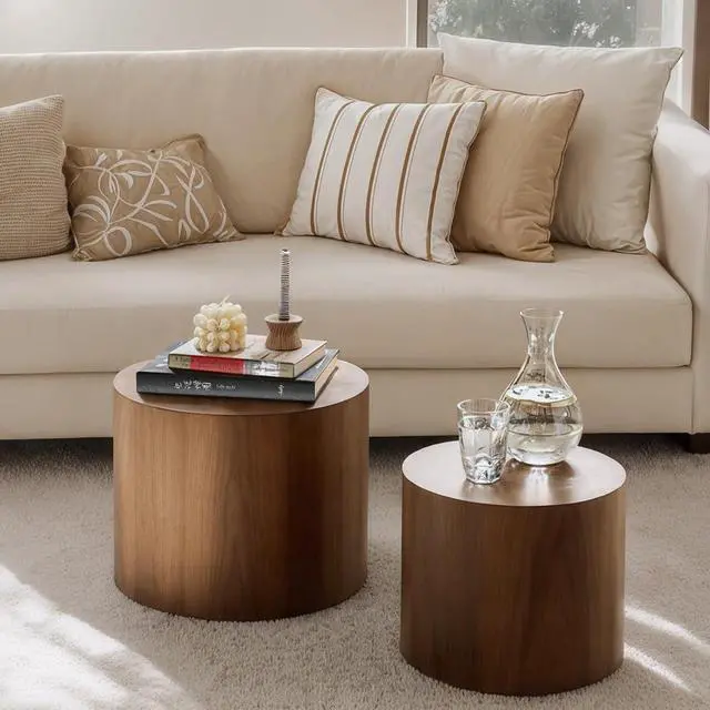 Alt view image 6 of 7 - Nesting Coffee Table Set of 2, Modern Round Coffee Table with Non-Slip Feet, Walnut Wooden Circle Accent Tables for Small Spaces Living Room Bedroom Balcony Office Drum Side Table (Walnut)