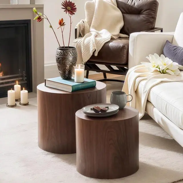Alt view image 7 of 7 - Nesting Coffee Table Set of 2, Modern Round Coffee Table with Non-Slip Feet, Walnut Wooden Circle Accent Tables for Small Spaces Living Room Bedroom Balcony Office Drum Side Table (Walnut)