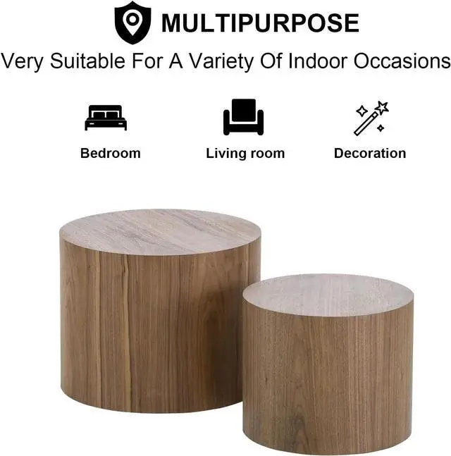 Alt view image 4 of 7 - Nesting Coffee Table Set of 2, Modern Round Coffee Table with Non-Slip Feet, Walnut Wooden Circle Accent Tables for Small Spaces Living Room Bedroom Balcony Office Drum Side Table (Walnut)