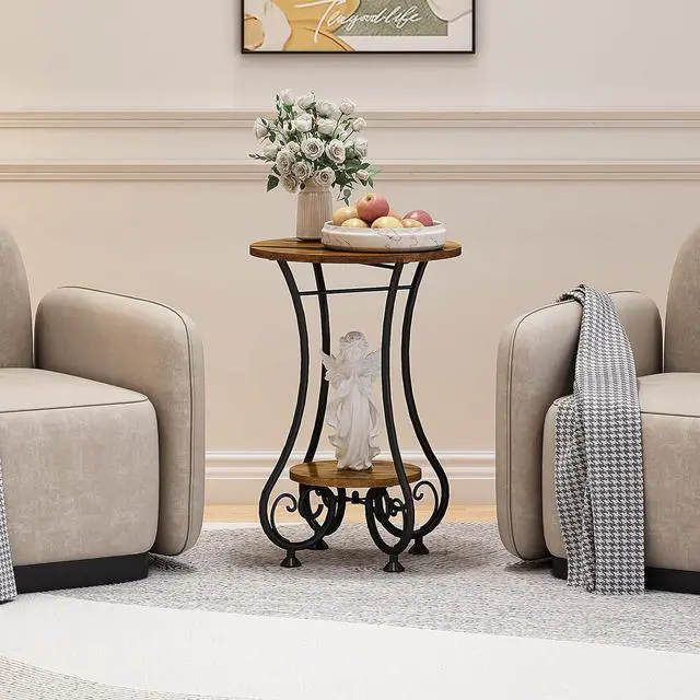 Main image of X-cosrack End Table, Round Side Table for Small Spaces, Coffee Tea Table Nightstand Home Decor for Living Room Balcony Bedroom Office,Rustic Brown & Black,15.75" L x 15.75" W x 24.0" H