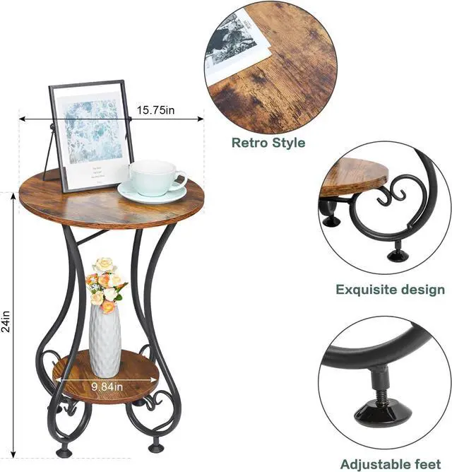 Alt view image 2 of 7 - X-cosrack End Table, Round Side Table for Small Spaces, Coffee Tea Table Nightstand Home Decor for Living Room Balcony Bedroom Office,Rustic Brown & Black,15.75" L x 15.75" W x 24.0" H