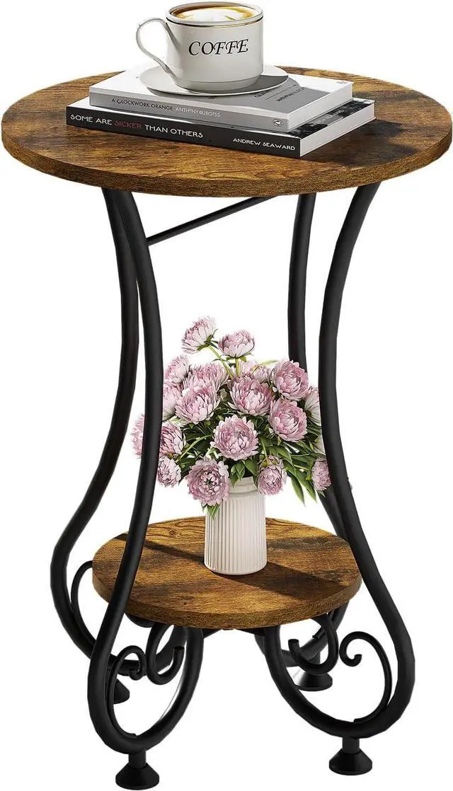 Alt view image 3 of 7 - X-cosrack End Table, Round Side Table for Small Spaces, Coffee Tea Table Nightstand Home Decor for Living Room Balcony Bedroom Office,Rustic Brown & Black,15.75" L x 15.75" W x 24.0" H