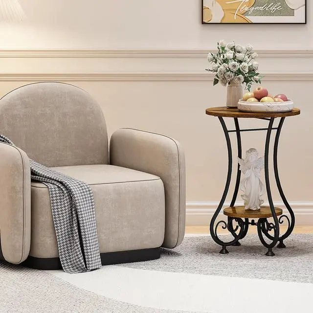Alt view image 4 of 7 - X-cosrack End Table, Round Side Table for Small Spaces, Coffee Tea Table Nightstand Home Decor for Living Room Balcony Bedroom Office,Rustic Brown & Black,15.75" L x 15.75" W x 24.0" H