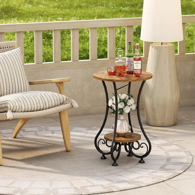 Alt view image 5 of 7 - X-cosrack End Table, Round Side Table for Small Spaces, Coffee Tea Table Nightstand Home Decor for Living Room Balcony Bedroom Office,Rustic Brown & Black,15.75" L x 15.75" W x 24.0" H