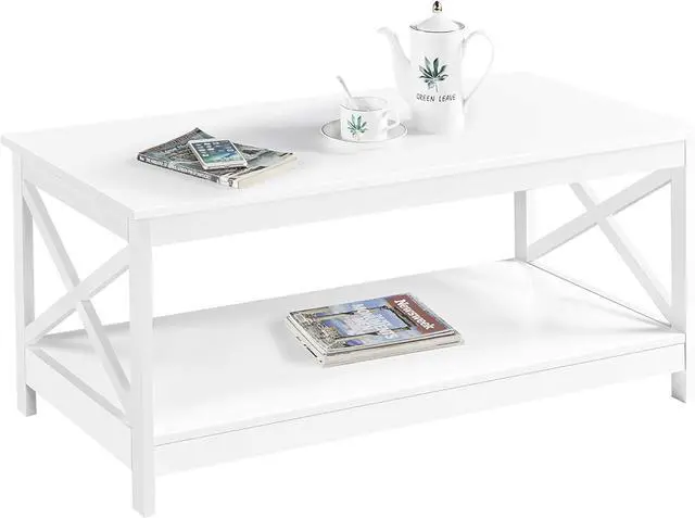 Main image of Yaheetech Simple X-Design Cocktail Coffee Table with Storage Shelf, Farmhouse 2-Tier Center Table for Living Room Office, Sturdy Structure, White