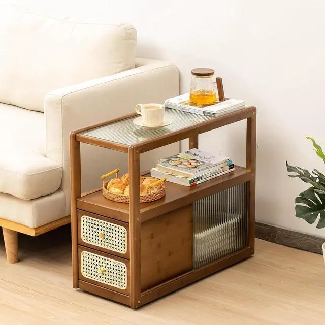 Main image of Tiita Rattan Nightstand Side Table, Bamboo Accent Bedside Tables, Glass Coffee Tables, Boho Wooden End Table with Storage for Small Space, Living Room and Bedroom