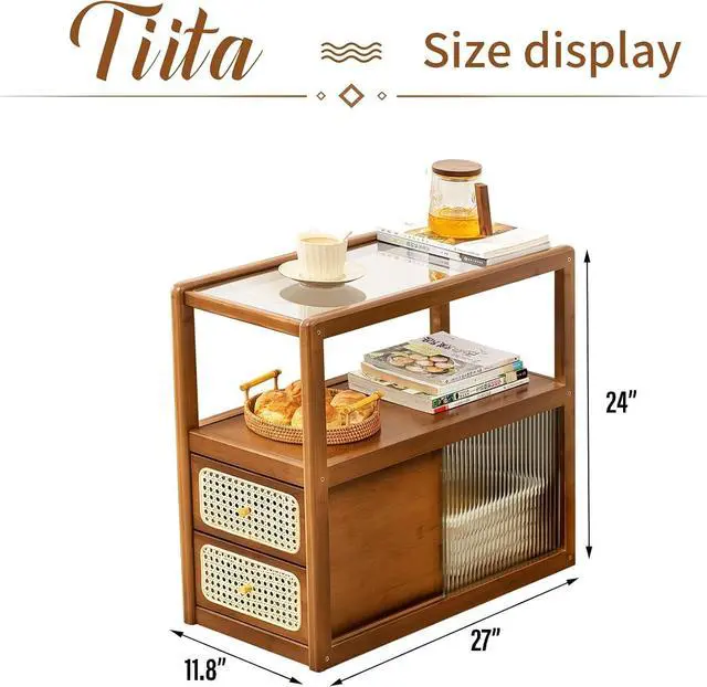 Alt view image 2 of 6 - Tiita Rattan Nightstand Side Table, Bamboo Accent Bedside Tables, Glass Coffee Tables, Boho Wooden End Table with Storage for Small Space, Living Room and Bedroom