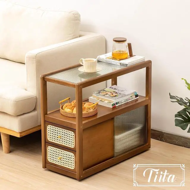 Alt view image 5 of 6 - Tiita Rattan Nightstand Side Table, Bamboo Accent Bedside Tables, Glass Coffee Tables, Boho Wooden End Table with Storage for Small Space, Living Room and Bedroom