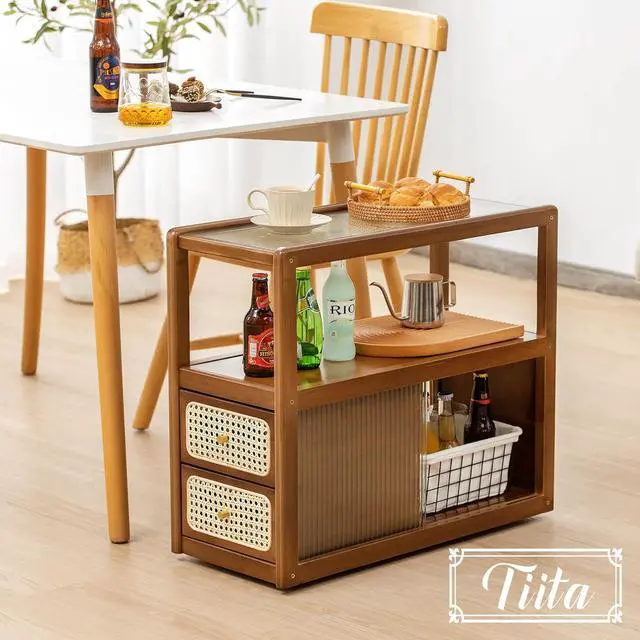 Alt view image 4 of 6 - Tiita Rattan Nightstand Side Table, Bamboo Accent Bedside Tables, Glass Coffee Tables, Boho Wooden End Table with Storage for Small Space, Living Room and Bedroom