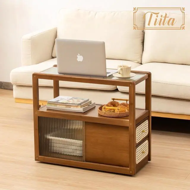 Alt view image 6 of 6 - Tiita Rattan Nightstand Side Table, Bamboo Accent Bedside Tables, Glass Coffee Tables, Boho Wooden End Table with Storage for Small Space, Living Room and Bedroom