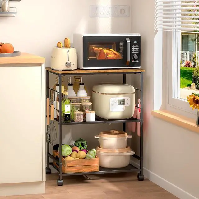 Main image of Rolling Kitchen Microwave Cart, 3 Tier Microwave Table Stand with Storage, Kitchen Utility Cart on Lockable Wheels, Small Coffee Cart Shelf Rack Organizer for Living Room Office, Balcony
