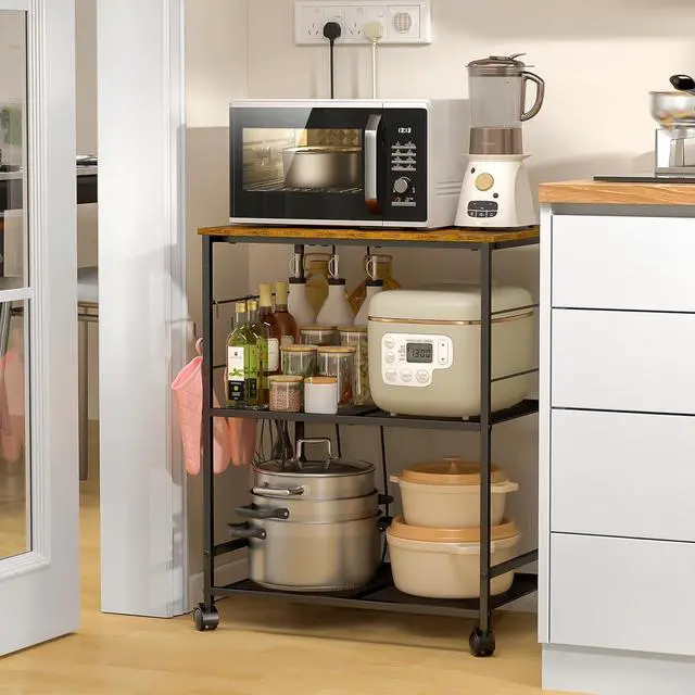 Alt view image 2 of 6 - Rolling Kitchen Microwave Cart, 3 Tier Microwave Table Stand with Storage, Kitchen Utility Cart on Lockable Wheels, Small Coffee Cart Shelf Rack Organizer for Living Room Office, Balcony