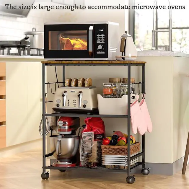 Alt view image 3 of 6 - Rolling Kitchen Microwave Cart, 3 Tier Microwave Table Stand with Storage, Kitchen Utility Cart on Lockable Wheels, Small Coffee Cart Shelf Rack Organizer for Living Room Office, Balcony
