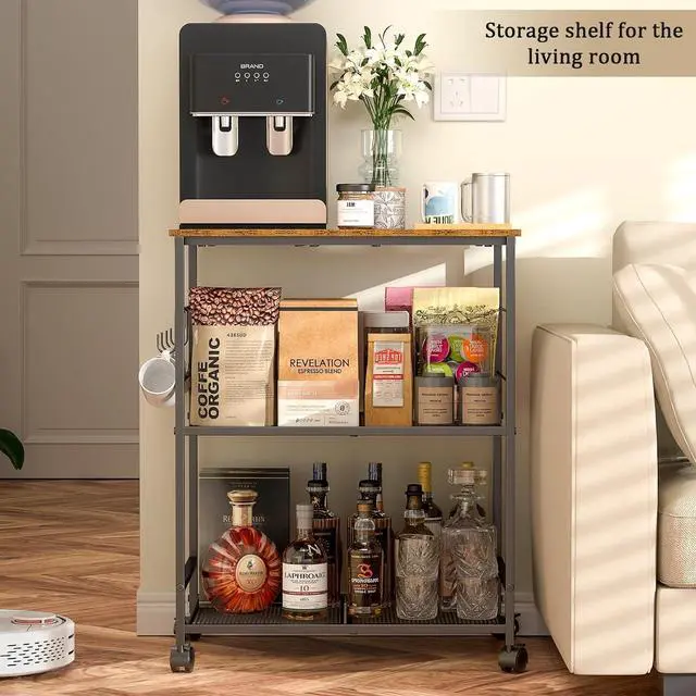 Alt view image 6 of 6 - Rolling Kitchen Microwave Cart, 3 Tier Microwave Table Stand with Storage, Kitchen Utility Cart on Lockable Wheels, Small Coffee Cart Shelf Rack Organizer for Living Room Office, Balcony