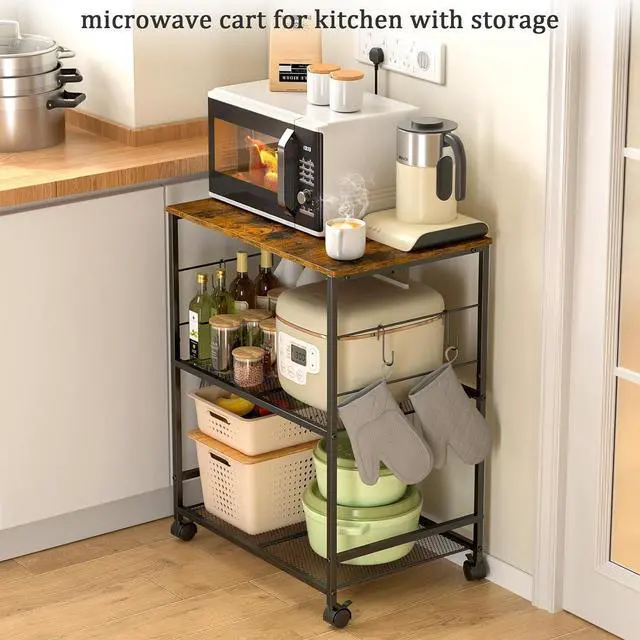 Alt view image 5 of 6 - Rolling Kitchen Microwave Cart, 3 Tier Microwave Table Stand with Storage, Kitchen Utility Cart on Lockable Wheels, Small Coffee Cart Shelf Rack Organizer for Living Room Office, Balcony