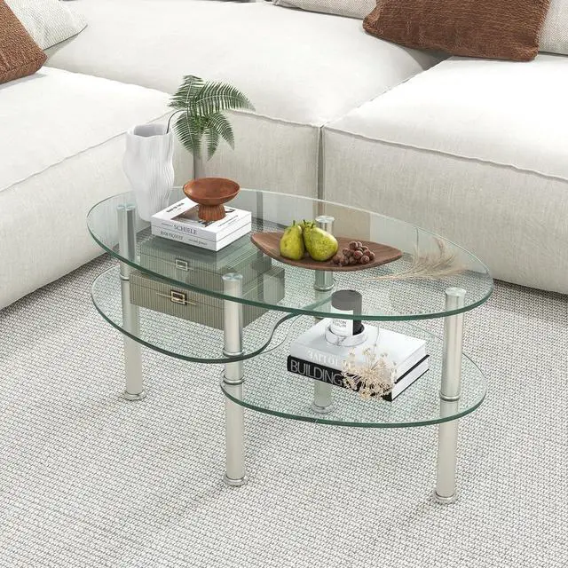 Alt view image 2 of 7 - Tangkula Glass Coffee Table, Modern Furniture Decor 2-Tier Modern Oval Smooth Glass Tea Table End Table for Home Office with 2 Tier Tempered Glass Boards & Sturdy Chrome Plated Legs