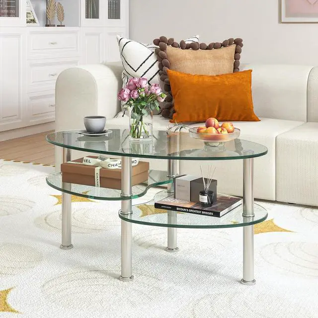 Alt view image 4 of 7 - Tangkula Glass Coffee Table, Modern Furniture Decor 2-Tier Modern Oval Smooth Glass Tea Table End Table for Home Office with 2 Tier Tempered Glass Boards & Sturdy Chrome Plated Legs
