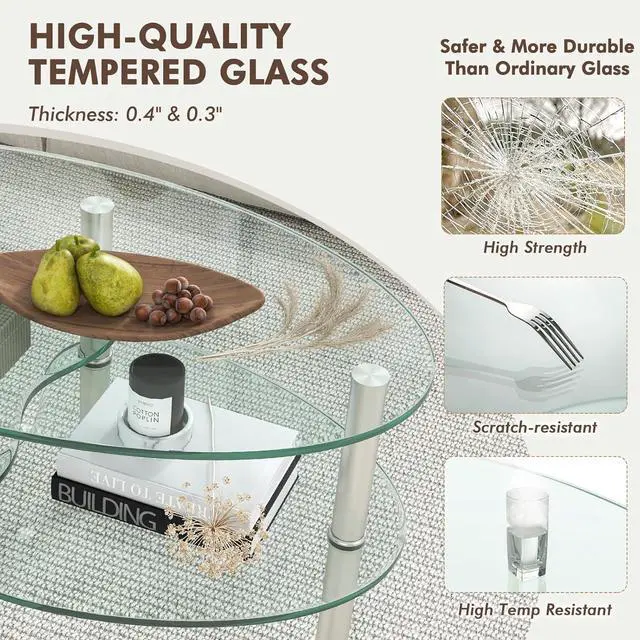 Alt view image 6 of 7 - Tangkula Glass Coffee Table, Modern Furniture Decor 2-Tier Modern Oval Smooth Glass Tea Table End Table for Home Office with 2 Tier Tempered Glass Boards & Sturdy Chrome Plated Legs