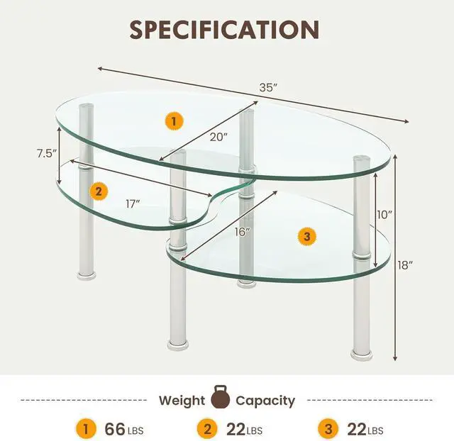 Alt view image 3 of 7 - Tangkula Glass Coffee Table, Modern Furniture Decor 2-Tier Modern Oval Smooth Glass Tea Table End Table for Home Office with 2 Tier Tempered Glass Boards & Sturdy Chrome Plated Legs