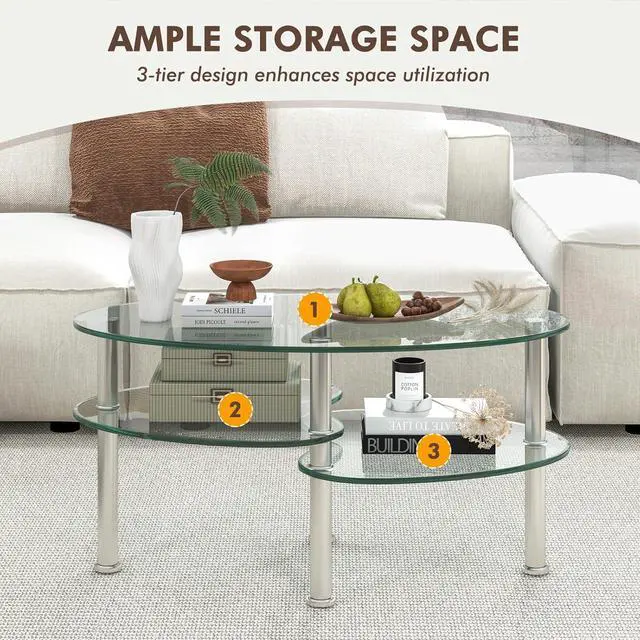 Alt view image 7 of 7 - Tangkula Glass Coffee Table, Modern Furniture Decor 2-Tier Modern Oval Smooth Glass Tea Table End Table for Home Office with 2 Tier Tempered Glass Boards & Sturdy Chrome Plated Legs