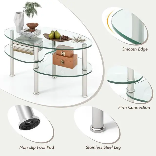 Alt view image 5 of 7 - Tangkula Glass Coffee Table, Modern Furniture Decor 2-Tier Modern Oval Smooth Glass Tea Table End Table for Home Office with 2 Tier Tempered Glass Boards & Sturdy Chrome Plated Legs
