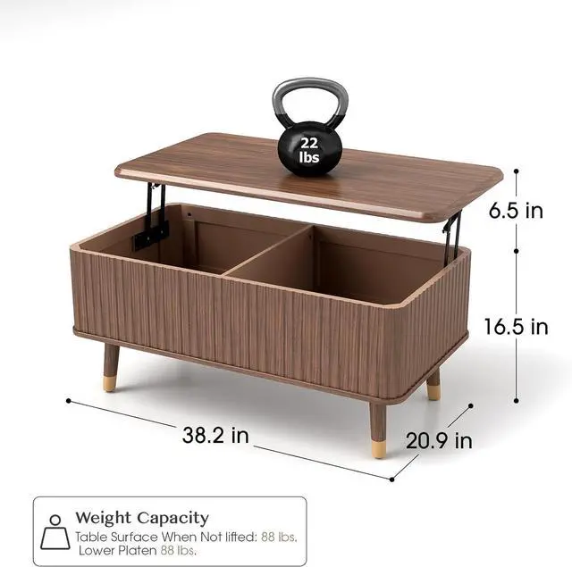 Alt view image 2 of 7 - Fluted Lift Top Coffee Table with Storage Shelf & Hidden Compartment, Mid Century Modern Rectangle Dining Table for Living Room, Home Office, Walnut