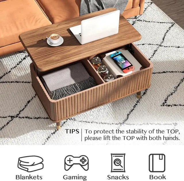Alt view image 3 of 7 - Fluted Lift Top Coffee Table with Storage Shelf & Hidden Compartment, Mid Century Modern Rectangle Dining Table for Living Room, Home Office, Walnut