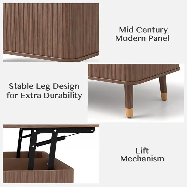 Alt view image 4 of 7 - Fluted Lift Top Coffee Table with Storage Shelf & Hidden Compartment, Mid Century Modern Rectangle Dining Table for Living Room, Home Office, Walnut