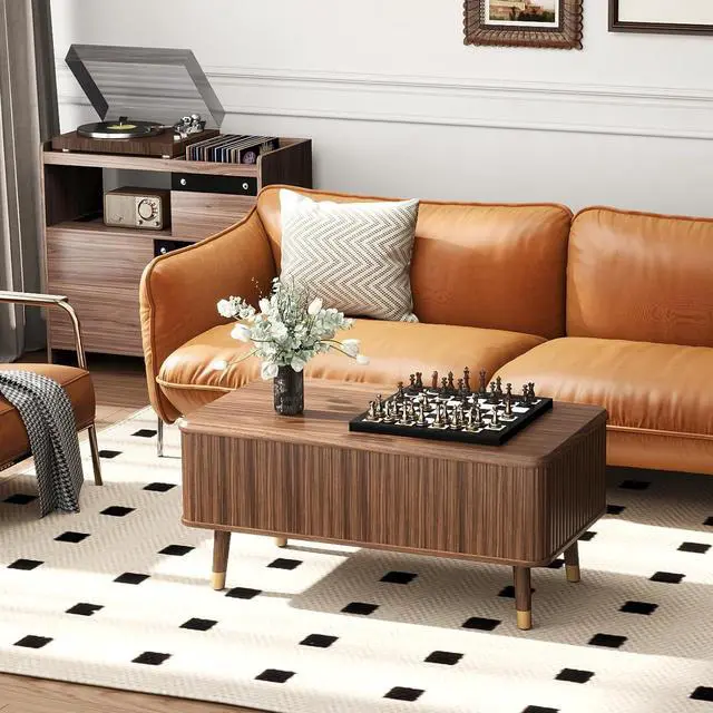 Alt view image 6 of 7 - Fluted Lift Top Coffee Table with Storage Shelf & Hidden Compartment, Mid Century Modern Rectangle Dining Table for Living Room, Home Office, Walnut